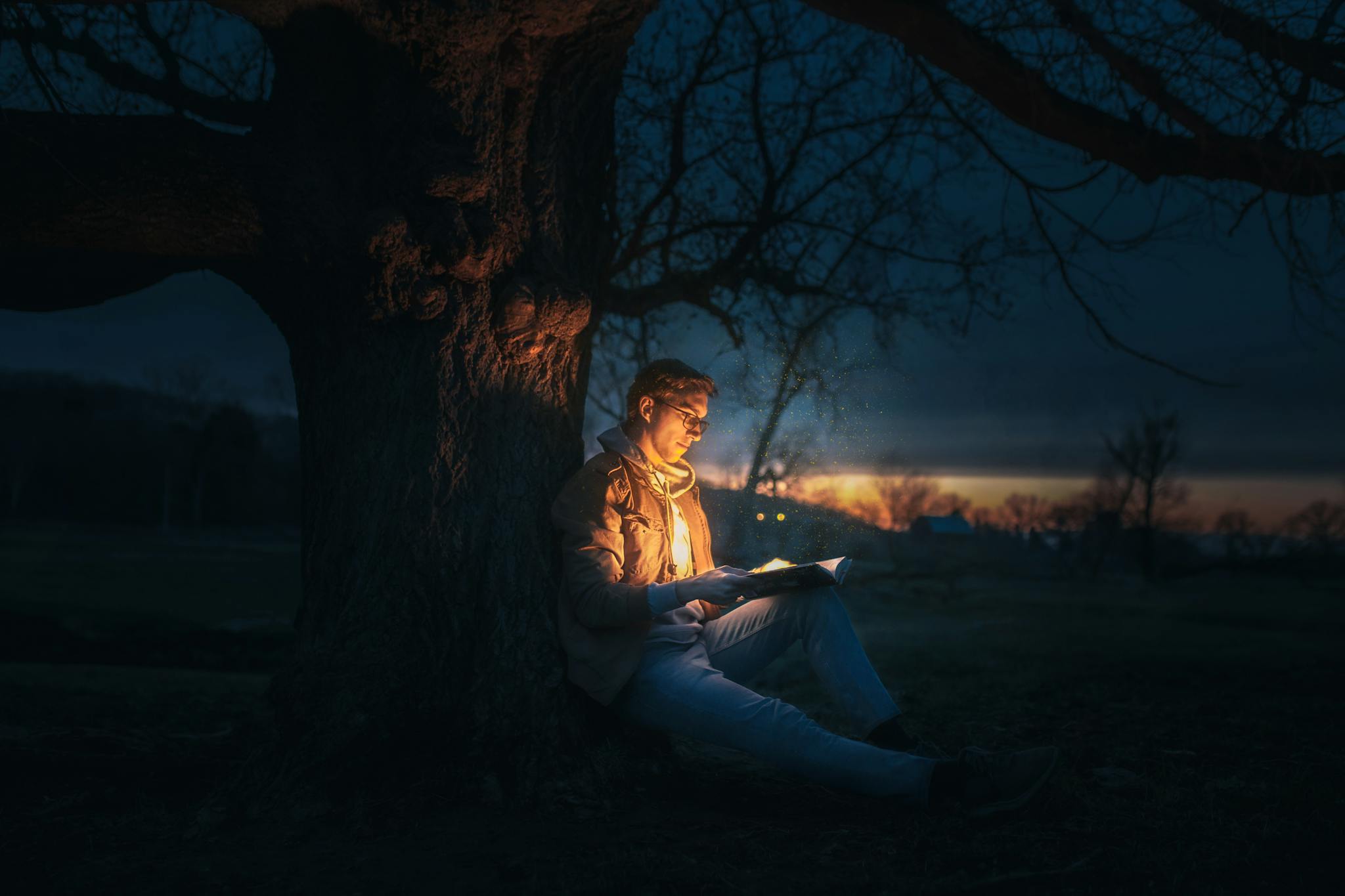 A man reading under a tree at night, illuminated by a glowing book.